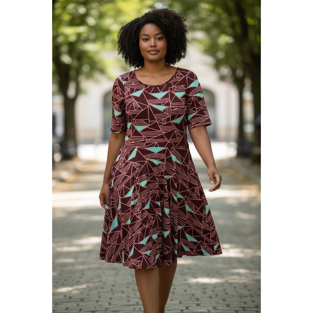 LuLaRoe XL Fit & Flare Dress Geometric Burgundy Half Sleeve